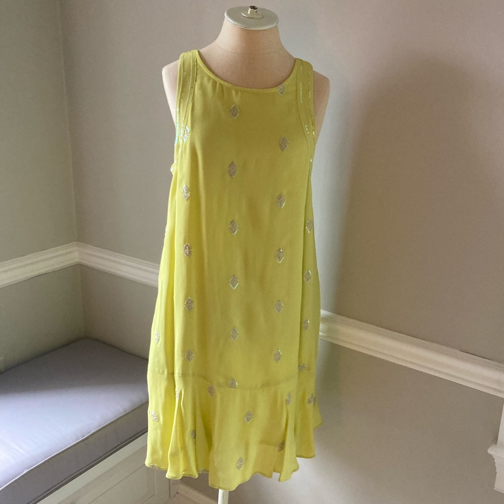 Lime Green drop waist mini dress. Sequins